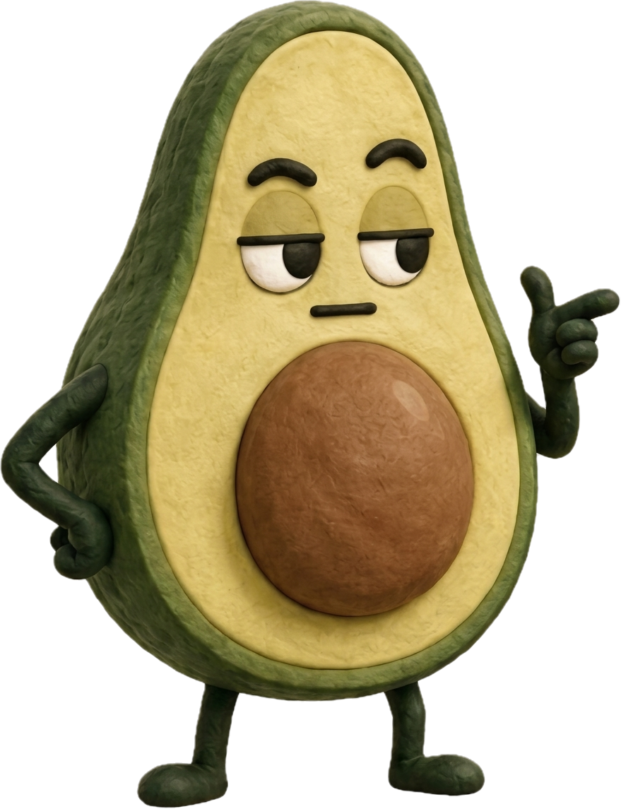 Avo, de avocado-mascotte van InnerSeed Garden, wijst naar het tekstwolkje